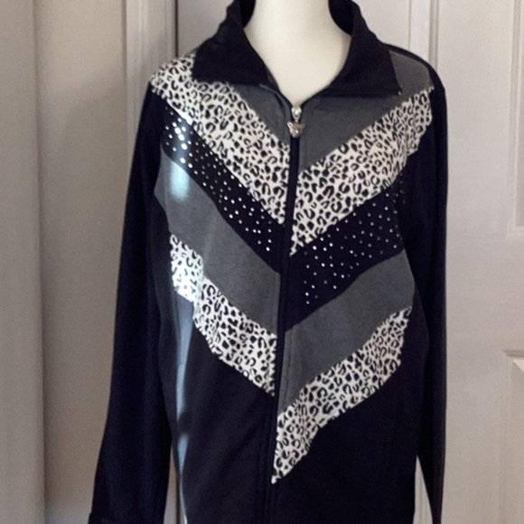 Black W/Print & Sequin Sweat Jacket Long Sleeve Full Zip Size 1X - Picture 1 of 6